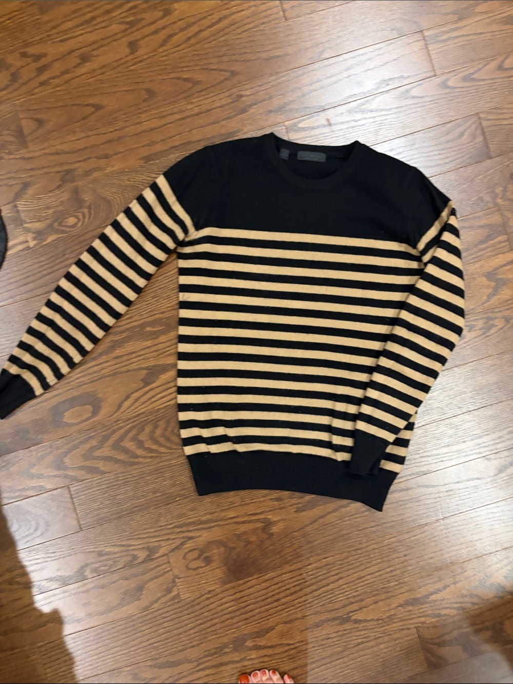 Pure Cashmere Saks Fifth Avenue Black and Tan Striped Crewneck Sweater